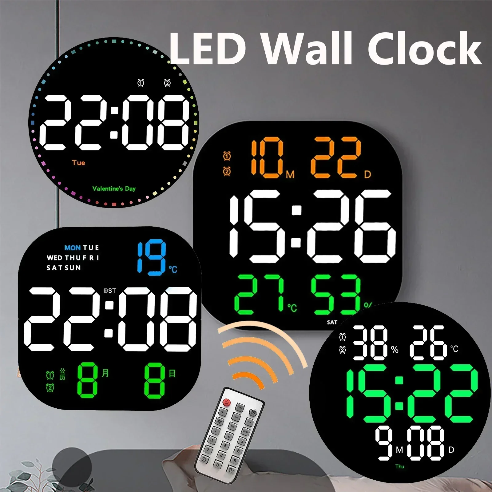 LED Digital Wall Clock Large Screen Temperature Date Day Display Electronic LED Clock with Remote Control Living Room Decoration