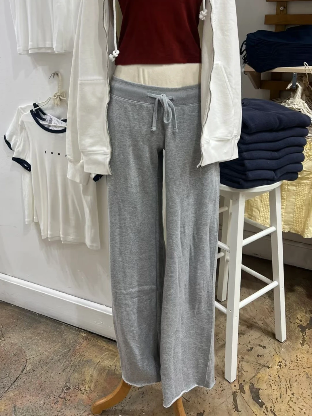 

Grey Drawstring Yoga Sweatpant Woman Autumn Raw Hem Straight Long Pants Female Vintage Streetwear Cotton Solid Sport Trousers