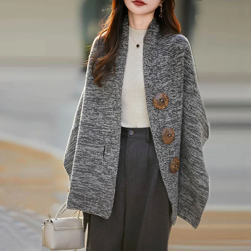 

Autumn And Winter New Knitted Wool Cardigan Female V-Neck Pullover Loose Long-Sleeved Sweater Coat Shawl