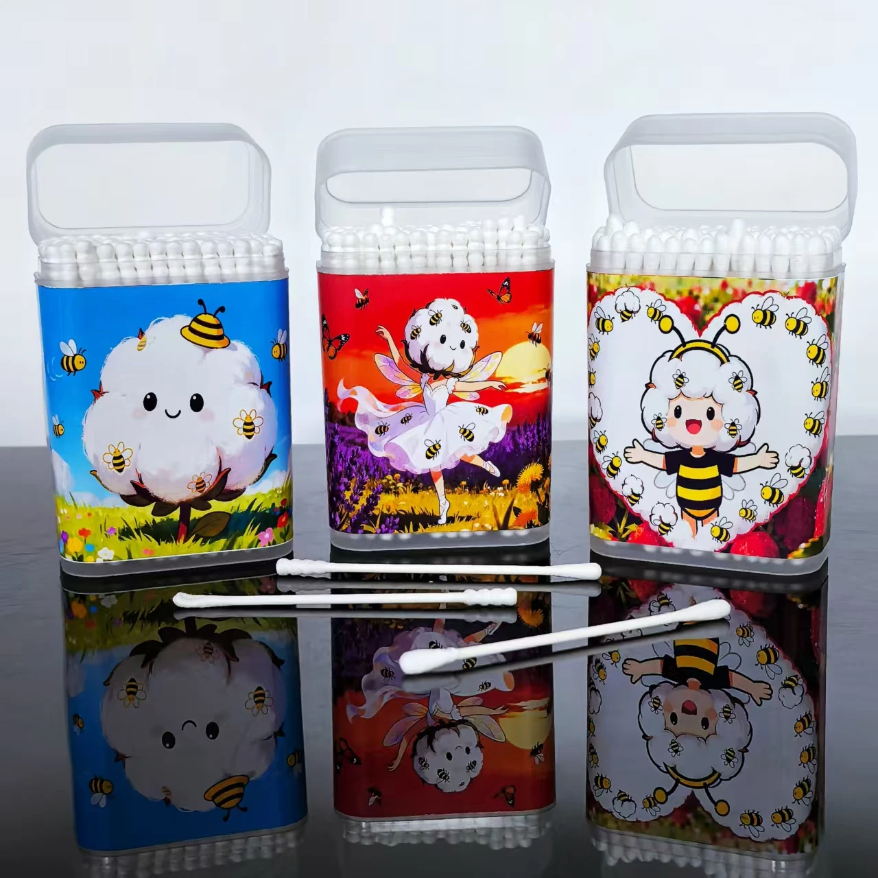 300 hisopos de algodón con temática de abeja, hisopos con punta de algodón blanco de doble cabeza, bastoncillos de algodón para el hogar diarios con palo de papel fino