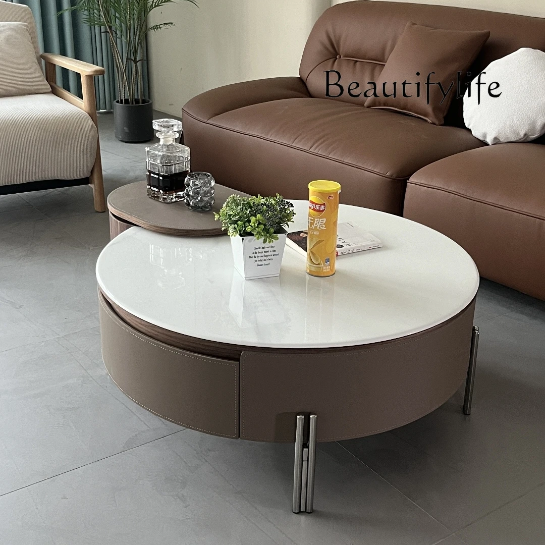 

New round Microlite Coffee Table Living Room Lifting Rotating Saddle Leather Modern Simple High Sense