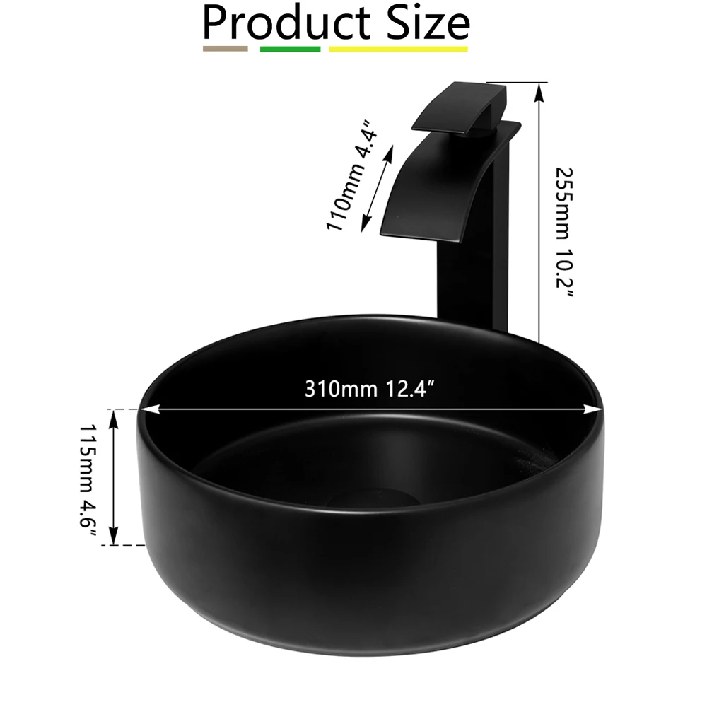 ZAPPO Bathroom Ceramic Vessel Sink Black Round Washing Bowl Deck Mounted Basin Sink Waterfall Faucet  Mixer Tap Combo