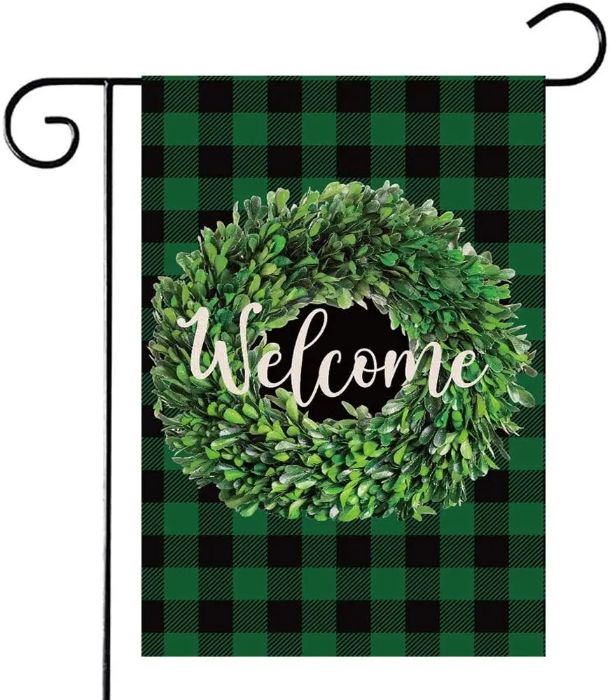 Boxwood Wreath Welcome Garden Flag Double Sided, Happy St Patricks Day Garden Yard Flag, Spring Buffalo Plaid Check Decores Bann