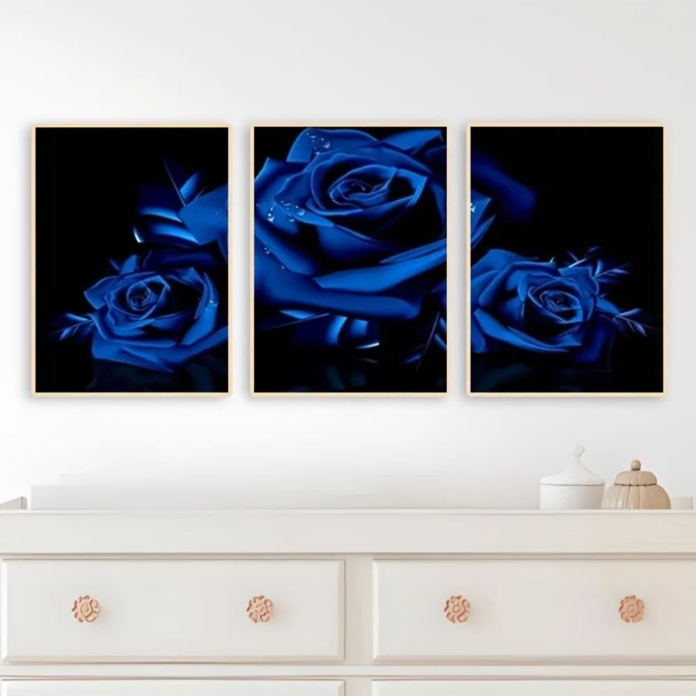 2D Flat, 2D Flat 3pcs Unframed Lianyibo Set of Wall Art Canvases with Blue Roses, Blue Floral Pattern Printed on Black Canvas