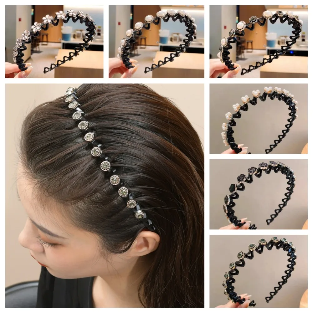 

Rhinestone Lazy Men Hair Braider Hair Hoops Flower Pearl Braided Tools Hairband Headwear Elegant Hair Toothed Headband Women