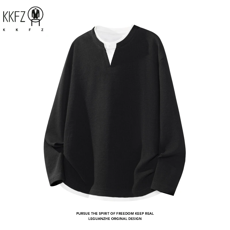 Men's Waffle Knit Fake Two‑Piece Long Sleeve T‑Shirt Notch V‑Neck Drop‑Shoulder Loose Fit Casual Layered Look Tops