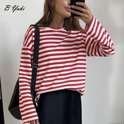 Blessyuki Loose Striped T-shirt Women 2023 Spring Autumn Casual Long Sleeve Cotton Vintage Tees Female Gothic Soft Basic Tops