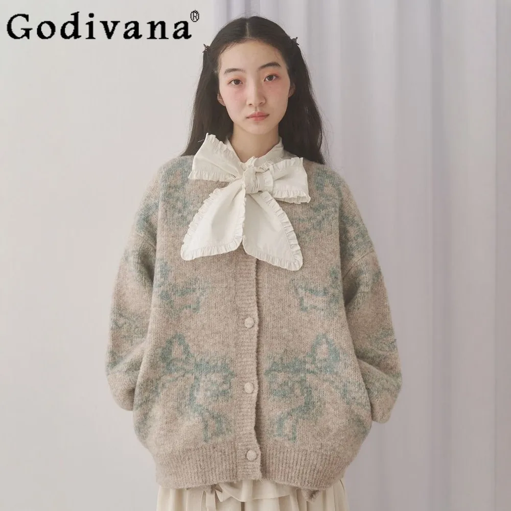 

2026 Spring New Women's Sweet Jacquard Loose Knit Cardigan Jacket Girl's Women Japanese Casual Knit Coats Lady's Sweaters