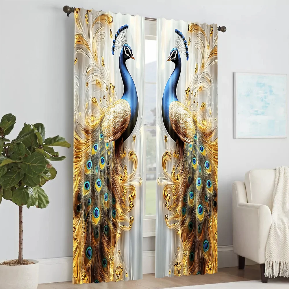 2Pcs Golden Feather Peacock Printed Window Curtains Elegance To Your Home With Luxurious Design And Vibrant Colors Machine