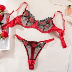 Sexy Floral Embroidered Exotic Apparel Suit Women's Perspective Soft Steel Ring Bra Panty Set Single Layer Ultra-thin Intimates