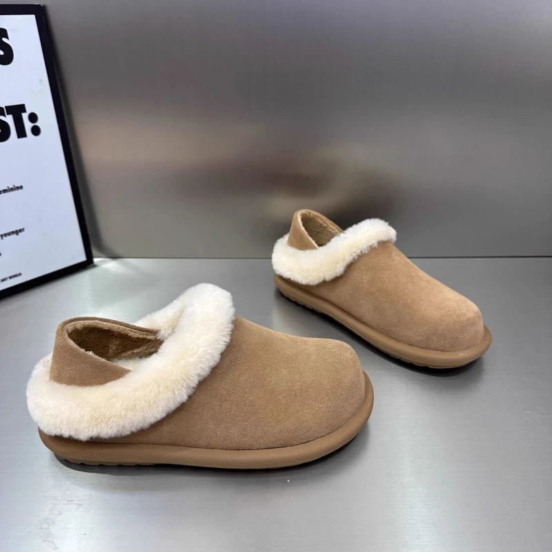

Winter Casual Woolen Mouth Two-Way Slip-On Women's Snow Boots Round Toe Microfiber Leather Korean Style Flat Shoes Fashionable