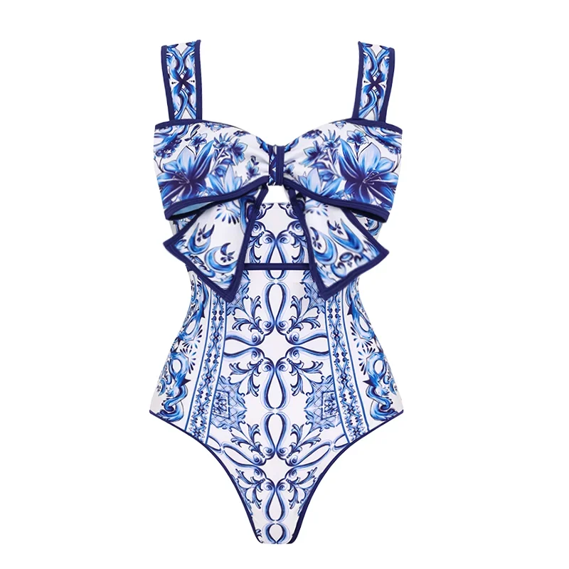 Bow Decor Majolica Print Maillot de bain une pièce Sexy Bikini Maillot de bain Push up Maillots de bain