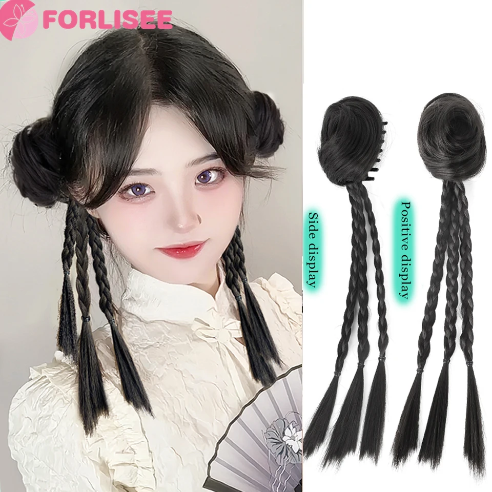 Synthetic Wig Braid Female Ponytail Y2k New Chinese Style Grab Clip Half Tied Ball Head Fried Dough Twists Boxing Braid Wig