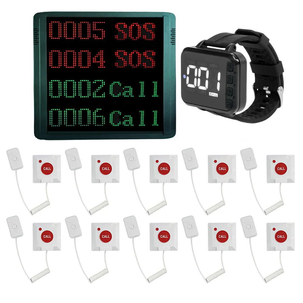 

Nurse Call System Caregiver Pager with Display，Watch and 10 Wireless Call Buttons for Elderly at Home Call Bell for Clinic