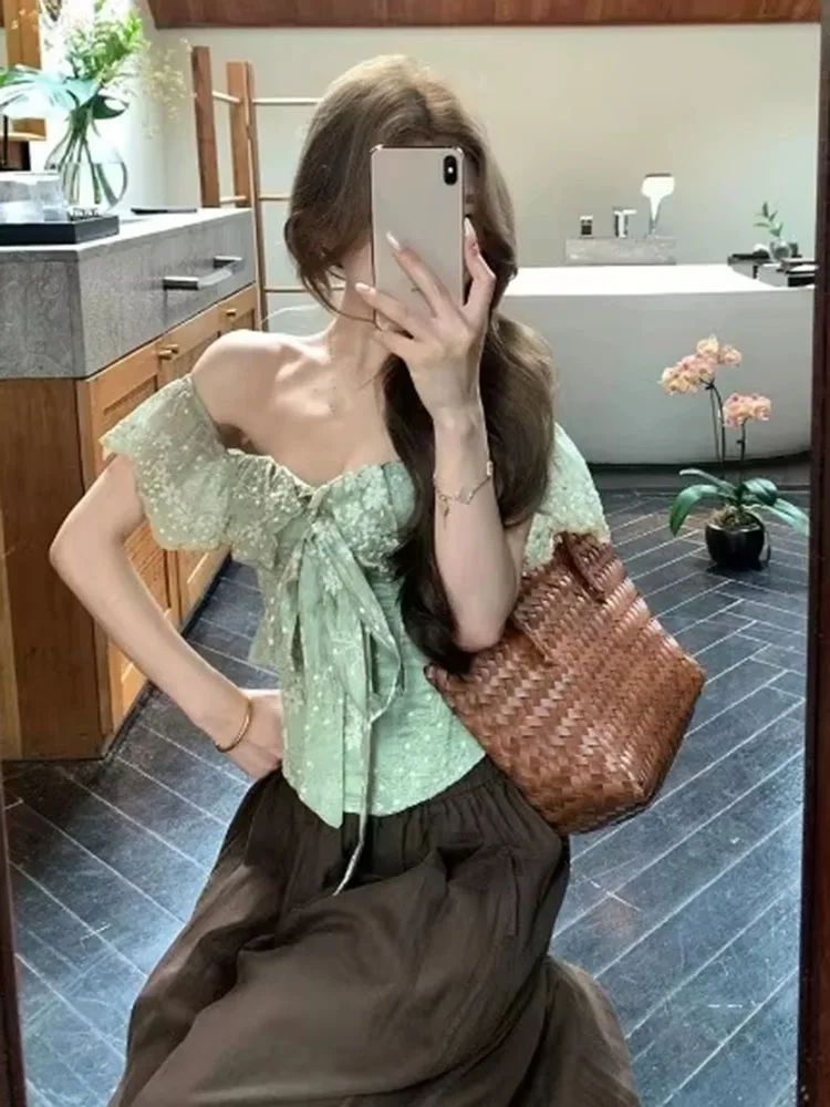 Blouse Women Embroidery Slim Elegant Fashion Off Shoulder Vintage French Style Chic Sweet Shirts Ladies Casual Tops