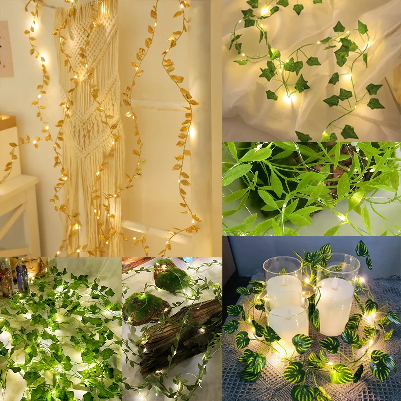 

6 Styles Battery Box Green Vine Leaf Wreath Light Christma Outdoor Garden Wedding Decoration Navidad Willow Leaves Golden Leave