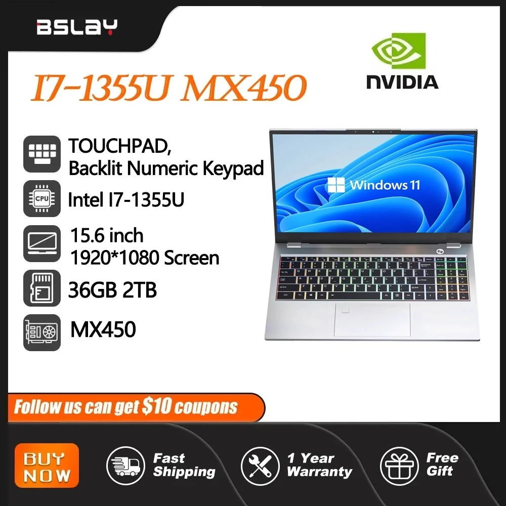 

Laptop 15.6 Inch Intel I7-1355U NVIDIA MX450 Backlit Keyboard 36GB DDR4 2TB SSD 10 Cores 12 Threads Fingerprint Unlock Computer