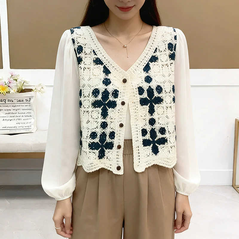 

Women Crochet Cardigan Boho Floral Mesh Sleeve Button-up Open-Stitch knit Top Blouse Spring Summer Cottagecore Beach Cover-up