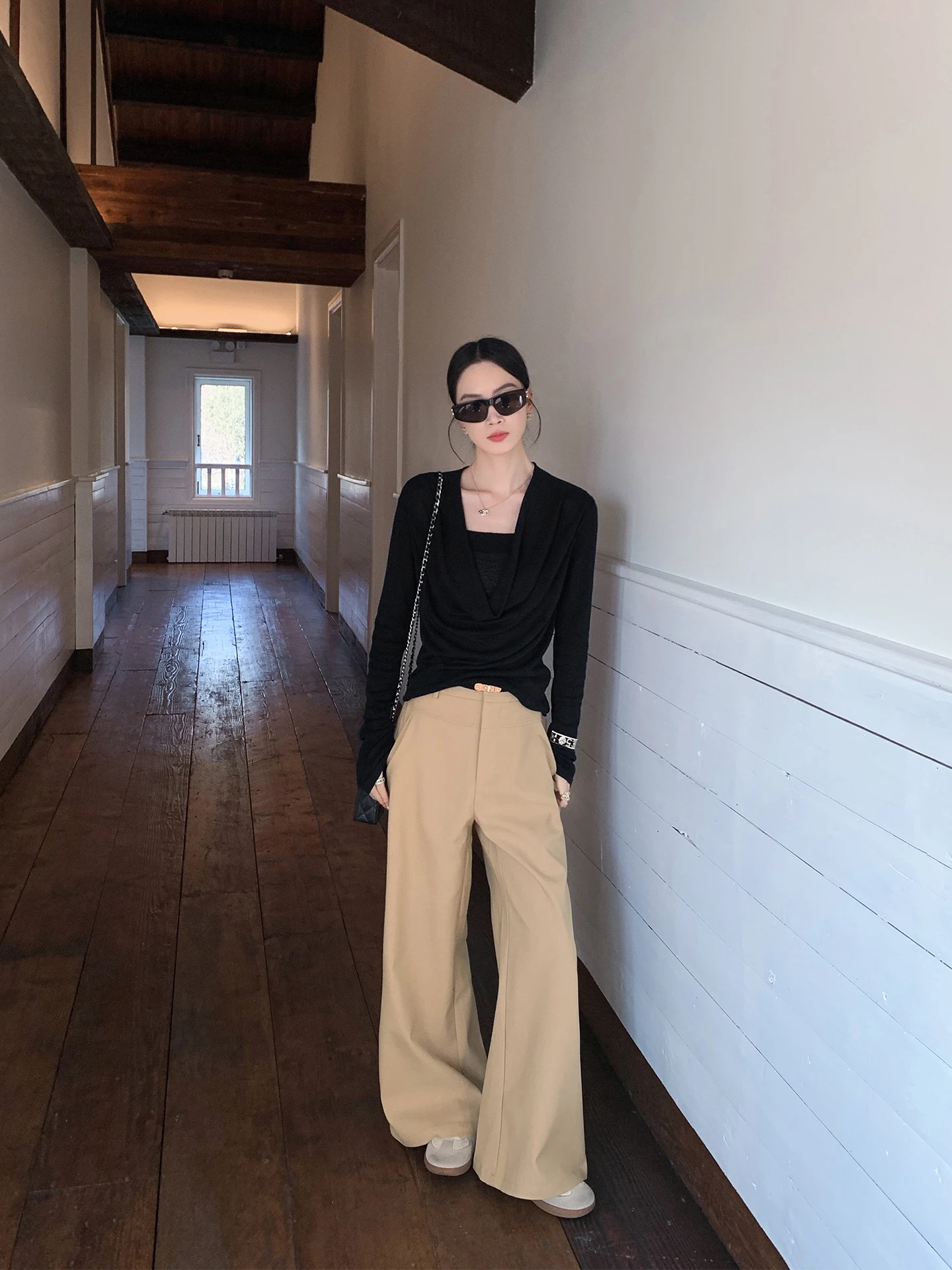 

Binguo Wool Blend Khaki Wide Leg Pants Women's Casual High Waist Tied Spring New Sle Versatile Comfortable Straight Leg Tro...