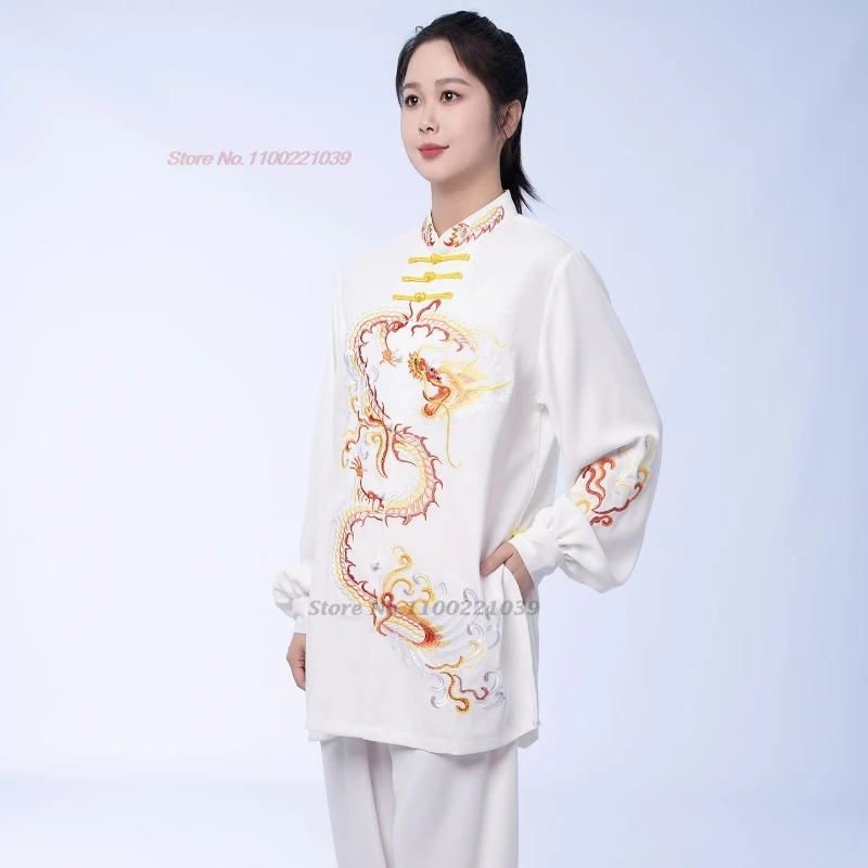 2025 chino vintage kung fu tai chi artes marciales taijiquan dragón bordado tops + pantalones conjunto wushu entrenamiento ejercicio práctica