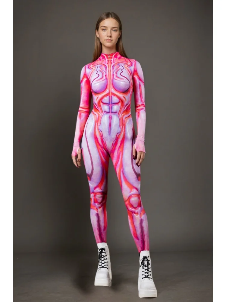 Bunter 3D-Druck-Feen-Regenbogen-Zentai-Bodysuit, Halloween-Feiertags-Party-Cosplay-Alien-Kostüm, Stretch-Jumpsuit, eng anliegend für Damen – Detail 7