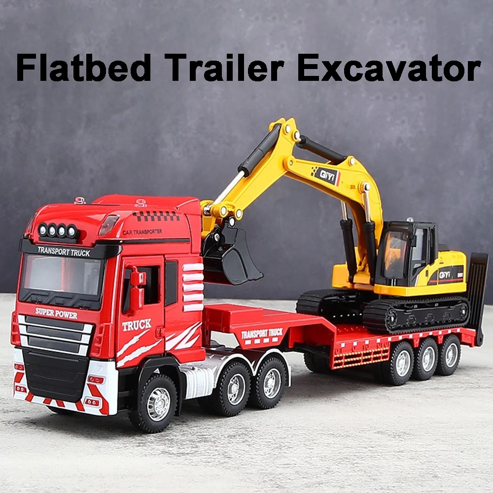 

1:48 Flatbed Trailer Excavator Model Toy Car Sound Light Movable Joint Inertial Sliding Engineering Vehicles Boys Hobby Turcks