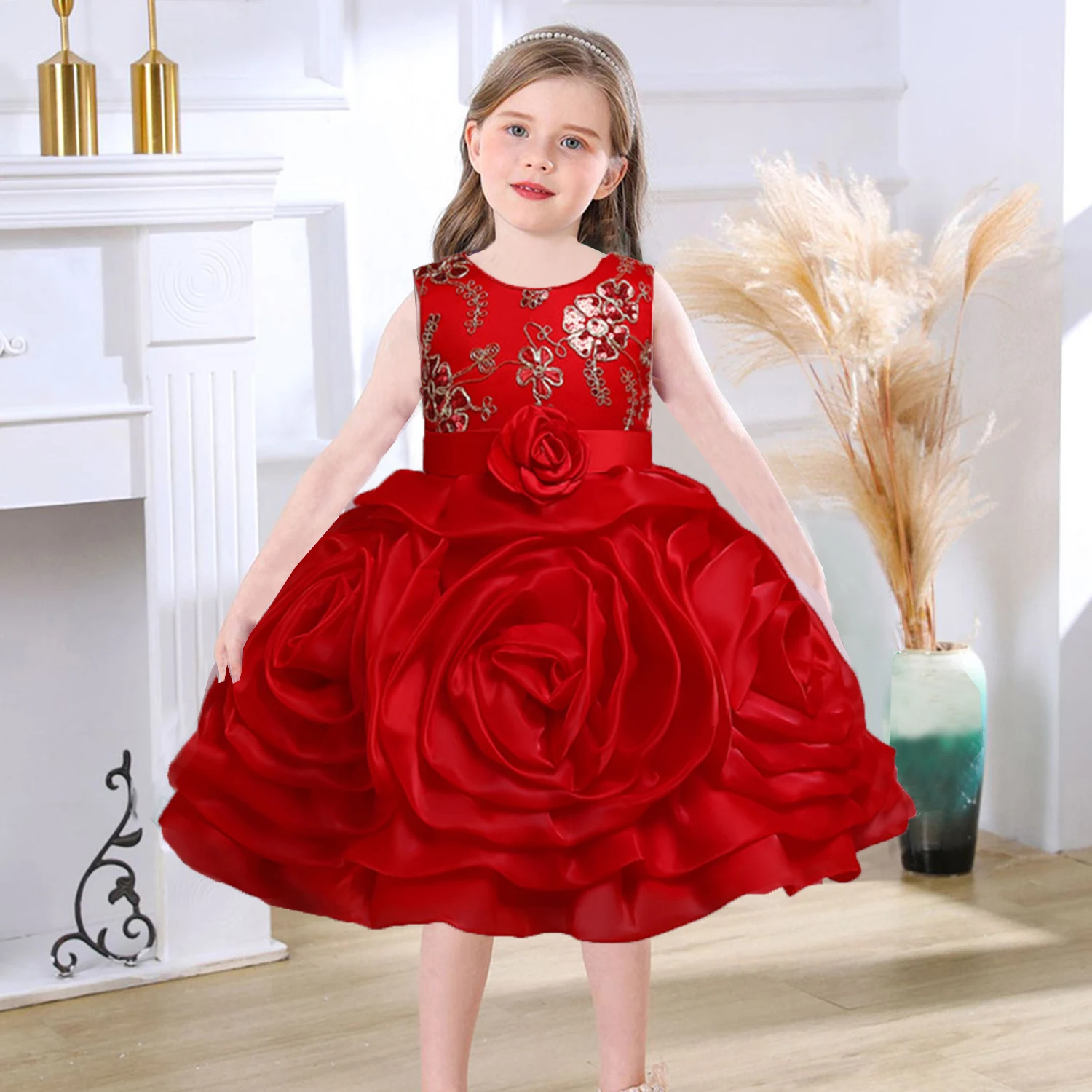 XMLSY vestido de flores 3D para niñas pequeñas, vestido de fiesta de cumpleaños, desfile, vacaciones, 2-10 años