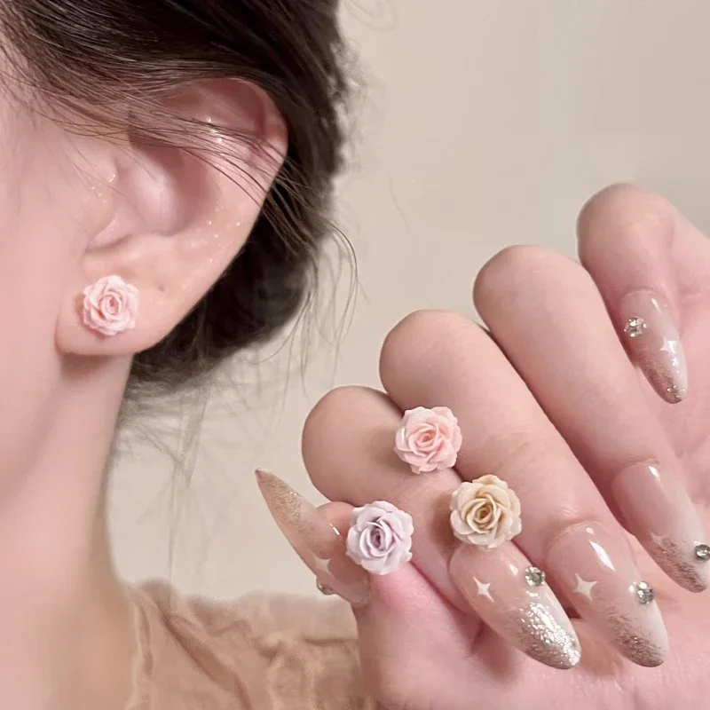Pink Rose Flower Earrings Personalized Fashion Temperament Earrings Senior Sense of Small Delicate Earrings Jewelry