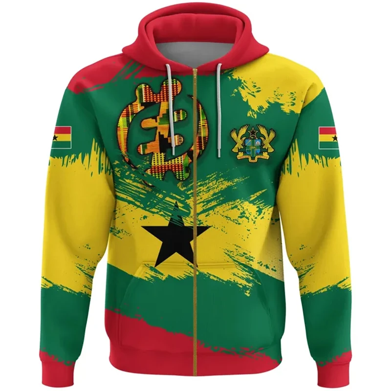 Ghana Flag Map Graphic Sweatshirts GH National Emblem Zip Up Hoodie For Men Clothes Casual Male Hoody Sport Boy Pullovers 2024