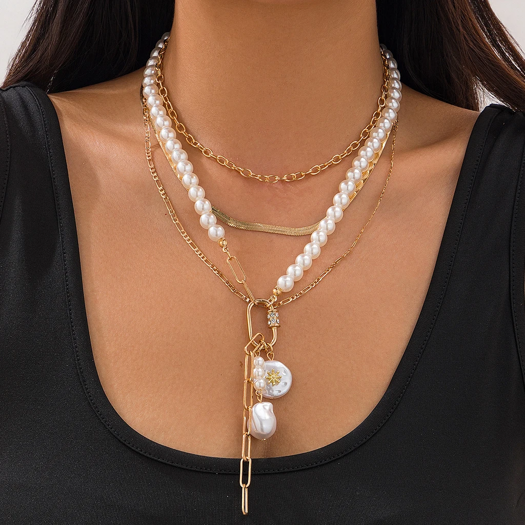 

Lacteo Multilayer Imitation Pearl Snake Chain Necklace for Women Trendy Vintage Geometric Tassel Link Pendant Neck Jewelry Gift