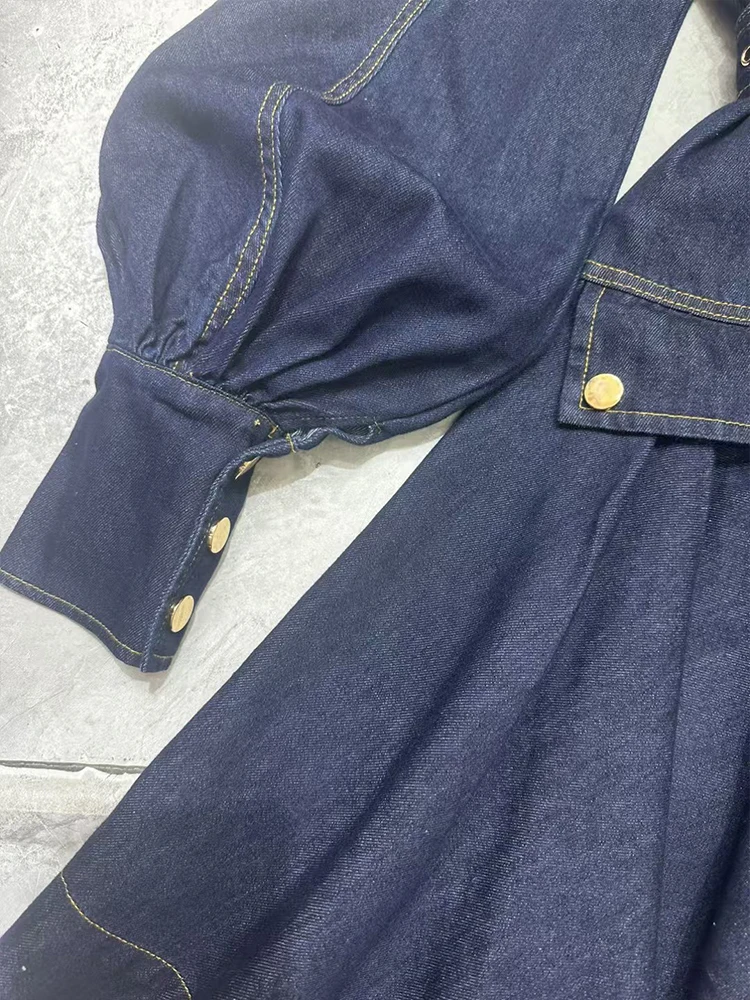 Sukienka z krótkim rękawem typu lampion, dżinsowy pasek w talii, mini spódniczka, nowa kolekcja damska jesień 2025, modna sukienka z klapami, zapinana na zamek, niebieska, puszysta.