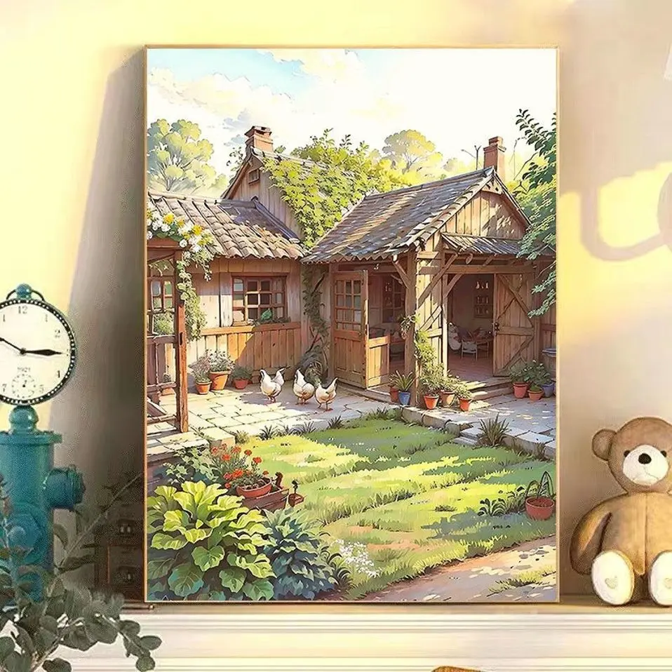 1set DIY digital oil painting, hand filled countryside retro courtyard oil painting, stress relieving healing painting