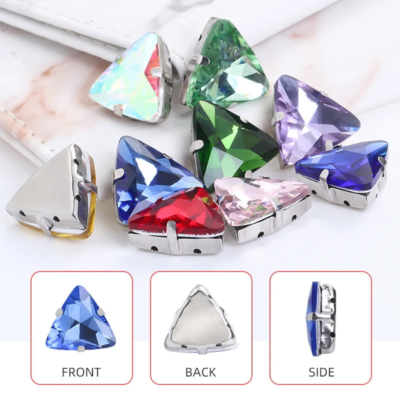 10pcs 18mm astrobox Triangle Glass Stone with Silver Claw Wedding Dress Decoration Shoes Sew on Rhinestones For Needlework