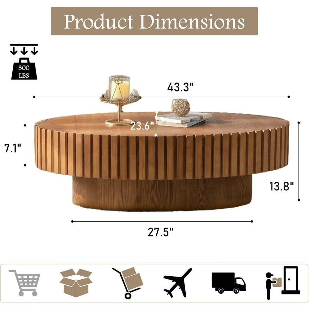 Geriffelter Couchtisch, 43,3 Zoll, ovale Couchtische aus Holz, moderner handgefertigter Trommel-Couchtisch mit Massivholz-Relief, stabiler Sockel, Ac