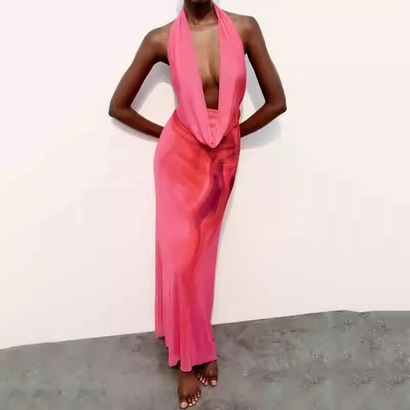 فستان صيفي 2024 مثير بظهر مكشوف وطويل مع طرحة رقيقة وياقة متدلية، تصميم أنيق للنساء بأسلوب عملي وياقة على شكل V بدون أكمام