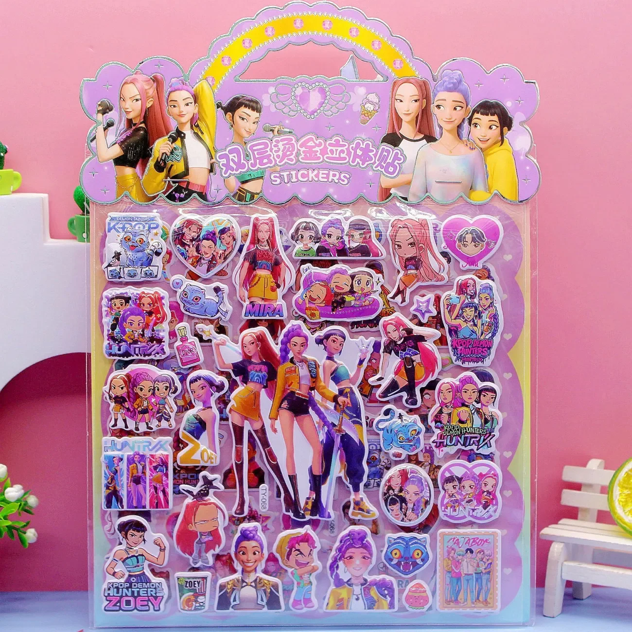 4 vellen K-POP Demon Hunters 3D gezwollen stickers, dubbellaagse bubbelstickers met goudfolie voor kindercadeaus, scrapbooking decor