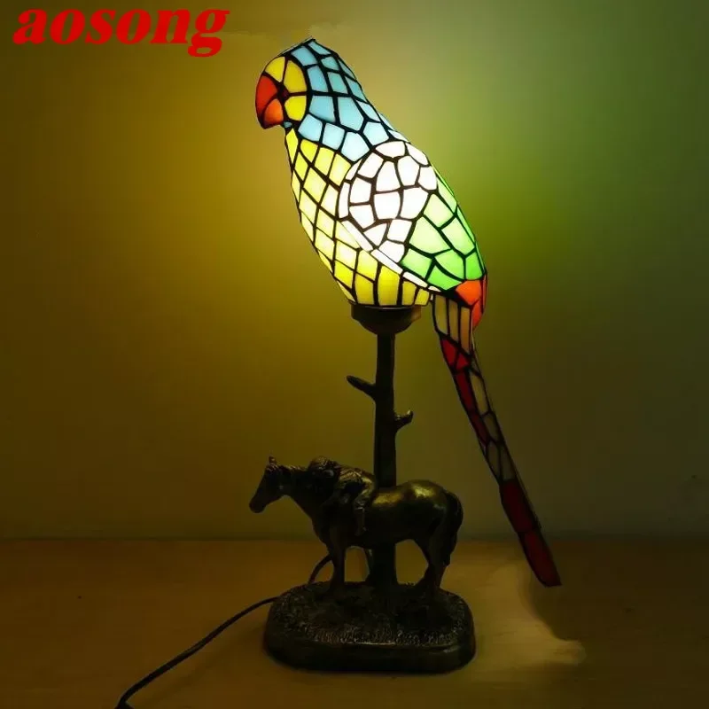 AOSONG  Tiffany parrot Table Lamp Art Living Room Bedroom Children's room Homestay Stained Glass Decoration Desk Lamp