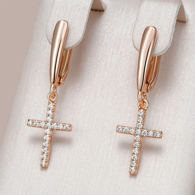 Wbmqda Simple Cross Drop Earrings For Women 585 Rose Gold Color With Natural Zircon High Quality Daily Jewelry Accessories