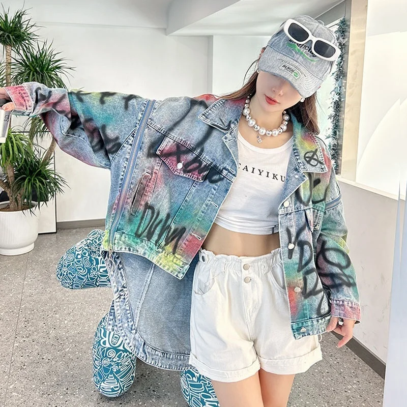 Streetwear Fashion Hand-painted Tie-dye Graffiti Printing Blue Jeans Jacket Casual Loose Irregular Hem Long Sleeve Denim Jacket