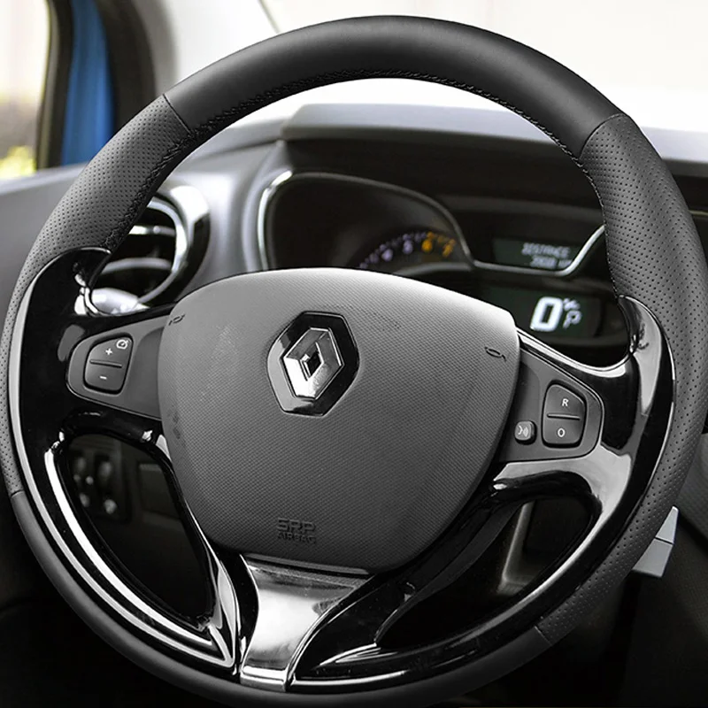 Coprivolante per auto interno in pelle nera antiscivolo cucito a mano per Renault Clio Captur Samsung QM3 2013-2016