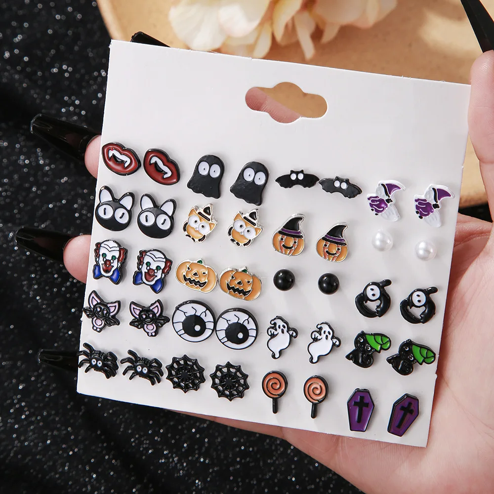 20 Pair Europe and America Multi Colored Drip Glue Witch Hat Pumpkin, Ghost, Spider, Bat Earring UNISEX Halloween Party Earrings