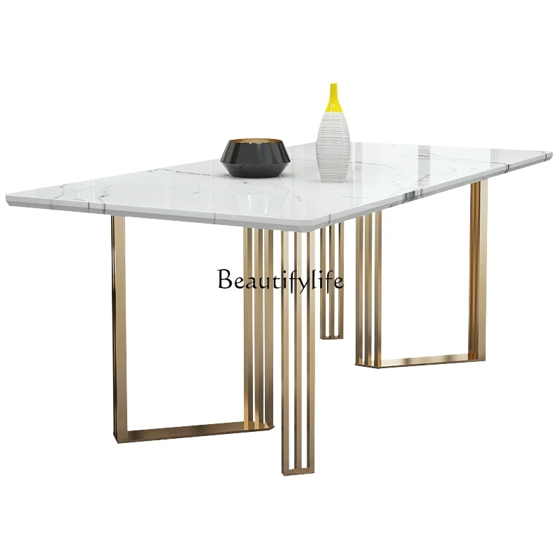 

Nordic Light Luxury Metal Marble Dining-Table Modern Minimalist Living Room Rectangular Table and Chair