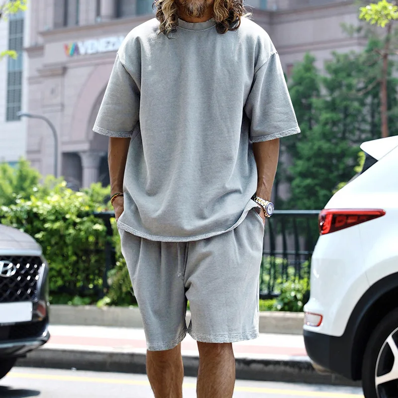 Spring Summer New Fashion Round Neck Long Sleeve Solid Youth Men's Clothing Korean Simplicity Trend All-match Chic Shorts Suits