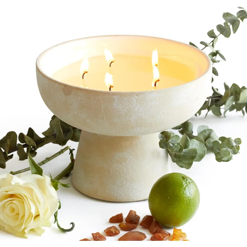 شمعة الصويا الفاخرة المصنوعة يدويًا مع الزيوت العطرية للأوكالبتوس والليمون، 5 فتائل، فتيل قطني، حاوية سيراميك، بيني للعلاج العطري