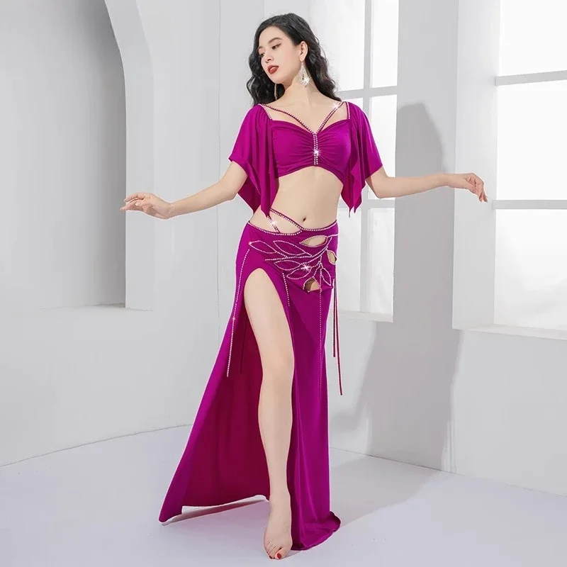 Costume di danza del ventre personalizzato con fessura singola, stampa a caldo, modello di diamante, pratica di danza orientale, vestiti per spettacoli, prezzo economico