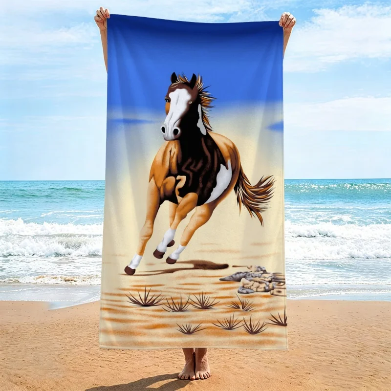 Newest Wild Running Horse Desert Blue Sky Print Lightweight Beach Towel Western Style Bath Towel Quick Dry Towel