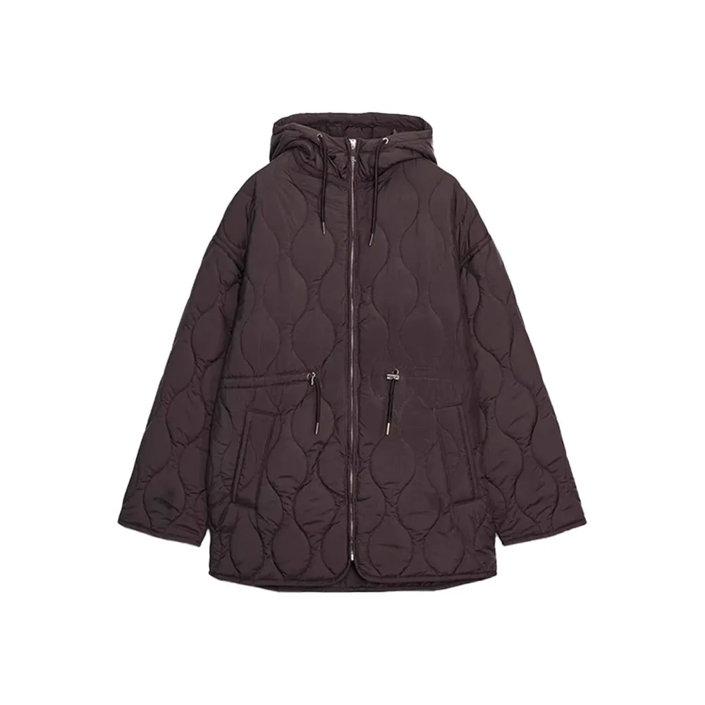

Autumn and winter new women's clothing simple casual stand up collar lace up hooded waist cinched quilted jacket