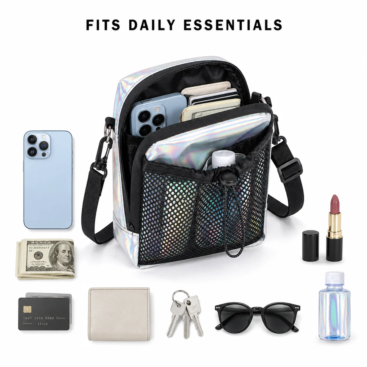 Holographic Crossbody Phone Bag for Women, Mini Cell Phone Purse with Mesh Pocket and Adjustable Shoulder Strap view 3