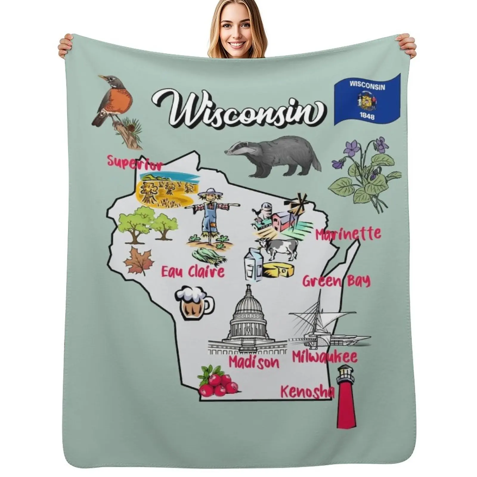 

Hand Drawn Illustration of Wisconsin Map with Tourist Destinations, attractions, USA Throw Blanket halloween for sofa Blankets