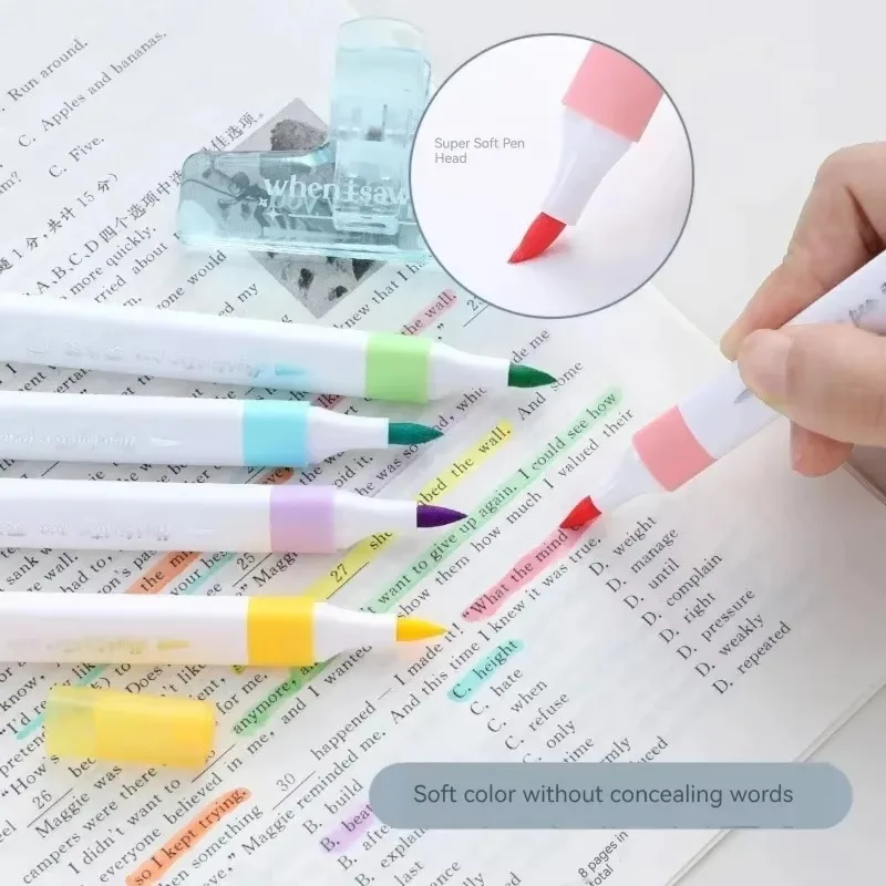 6 Colors Kawaii Pastel Color Highlighter Pen Set Brush Tip Fluorescent Markers Highlighters Pens Painted Stationery Supplies